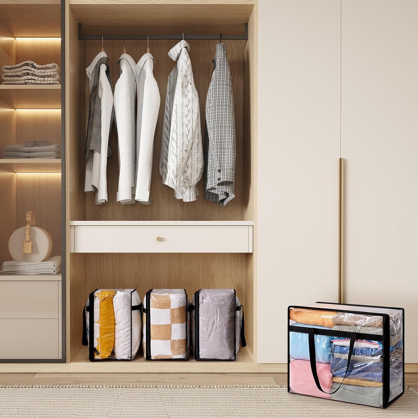 4 Pack Clear Plastic Storage Bags, 40L Foldable Clothes Storage Boxes Wardrobe