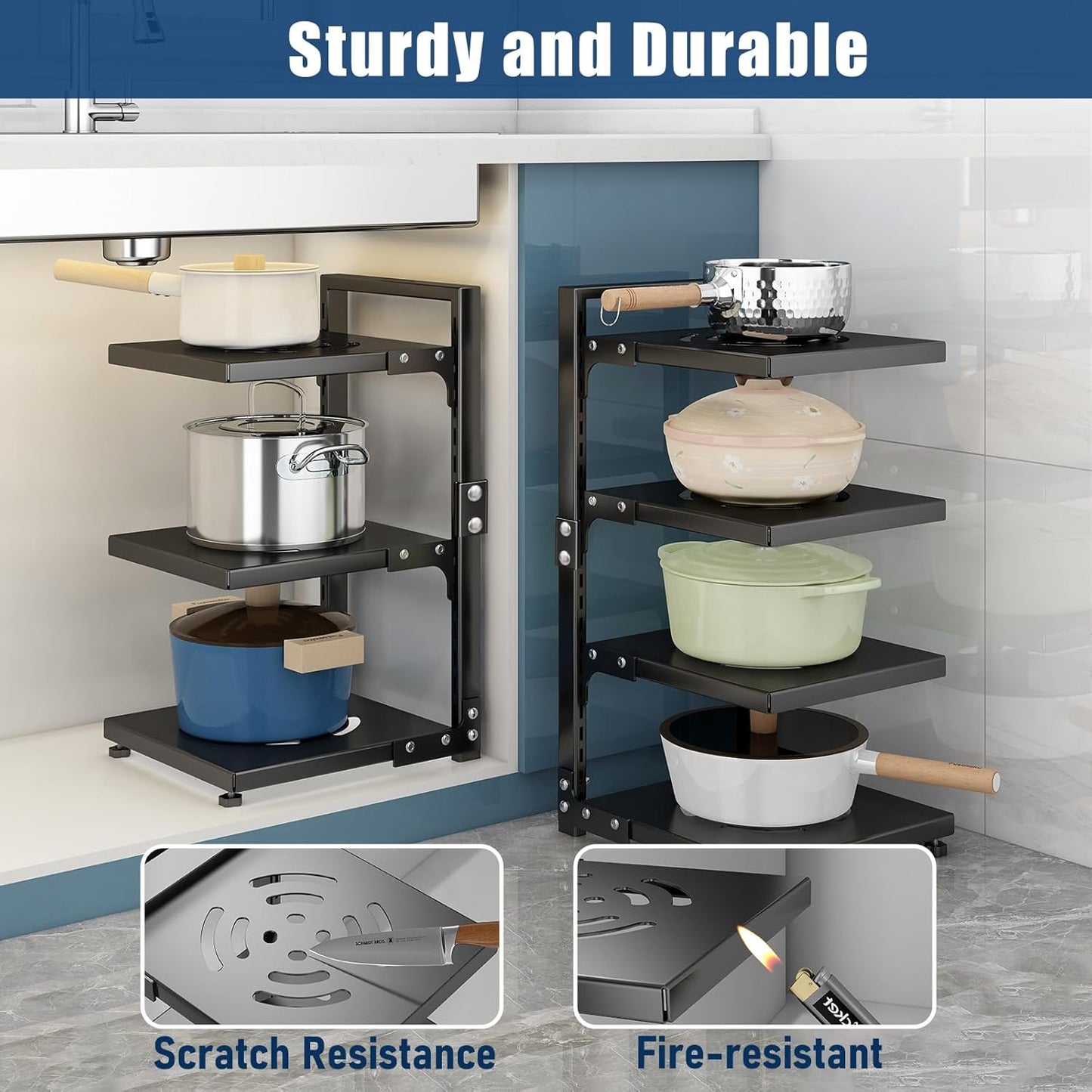 7-Tier Adjustable Heavy-Duty Pan Organizer - Versatile Pot and Pan Rack for Kitchen Counter and Cabinet Storage