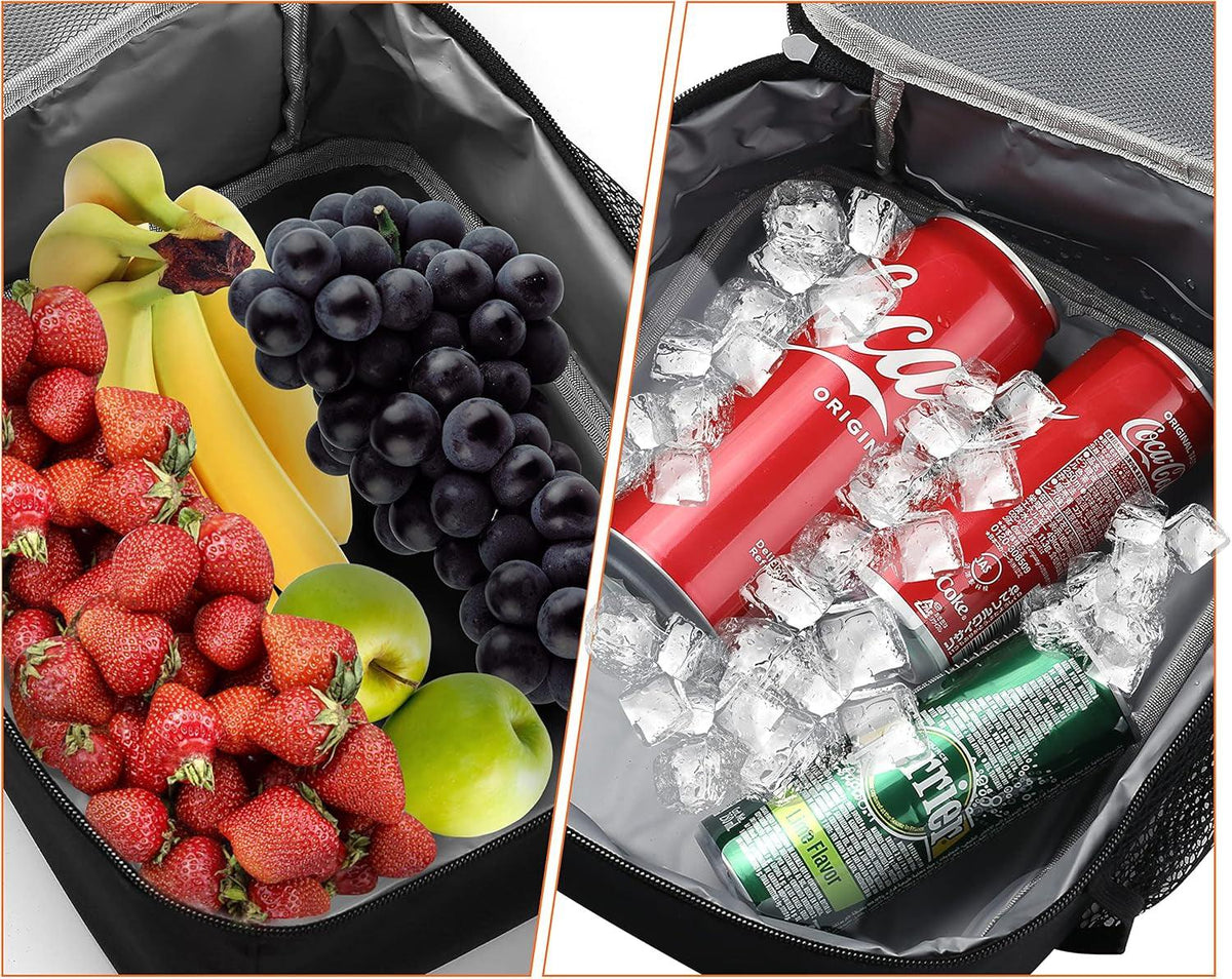 Insulated black reusable lunch bag filled with fresh fruit on one side and chilled drinks on the other