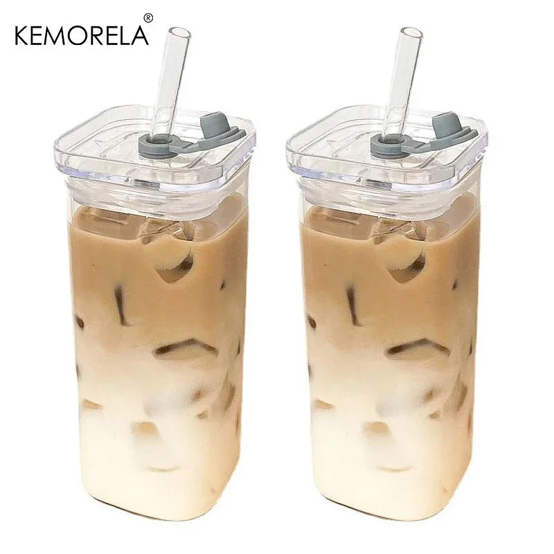 Square Heat Resistant Coffee Glass Cup with Lid and Straw Transparent Milk Tea Juice Cup Coffee Mug for Home Bar Drinkware