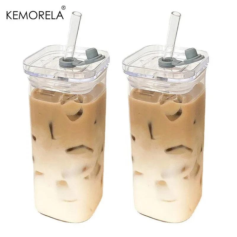 Square Heat Resistant Coffee Glass Cup with Lid and Straw Transparent Milk Tea Juice Cup Coffee Mug for Home Bar Drinkware