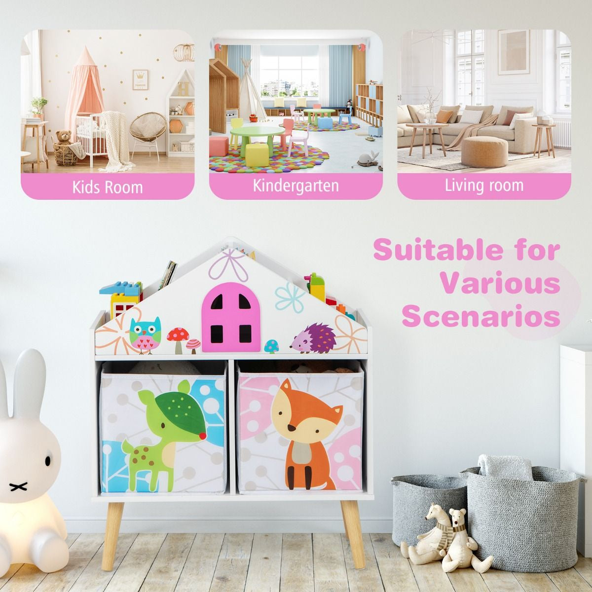 Children's House-Shaped Bookshelf with Two Storage Bins and Elevated Solid Wood Legs