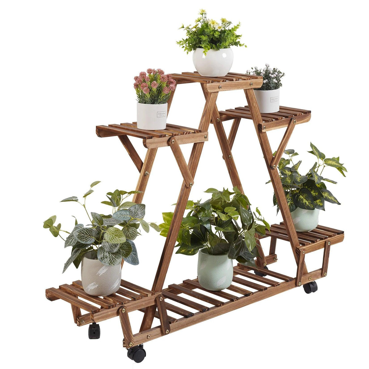 My Store triangular carbonized wood plant shelf with 6 potted plants on wheels
