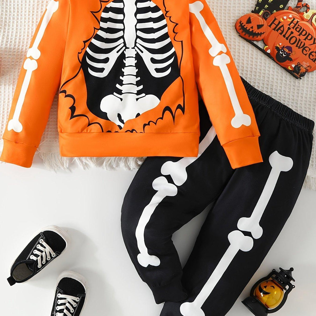 HomesshopUK toddler boy's orange and black skeleton print sweatshirt and sweatpants set