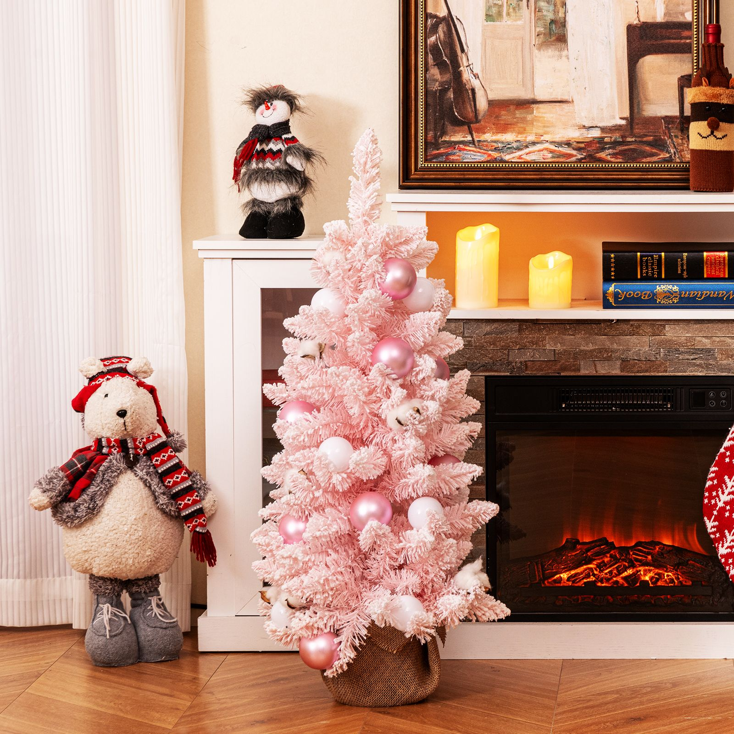 90CM Mini Christmas Tree with 12 Natural Cotton Ball Ornaments