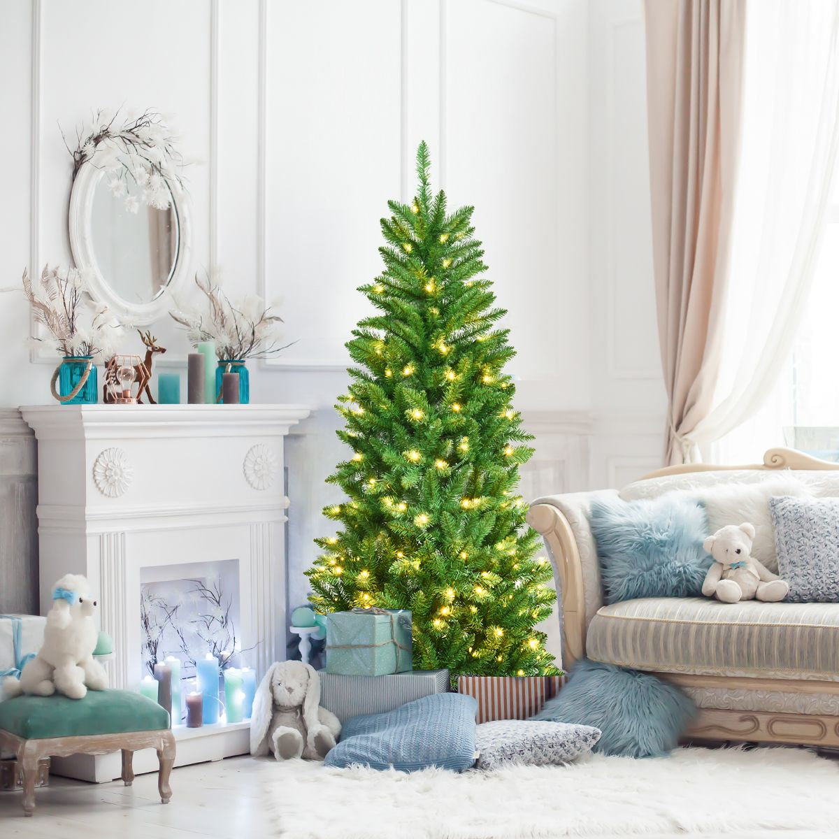 Pre-Lit Pencil Christmas Tree with Warm White UL-Listed Lights for Holiday Cheer