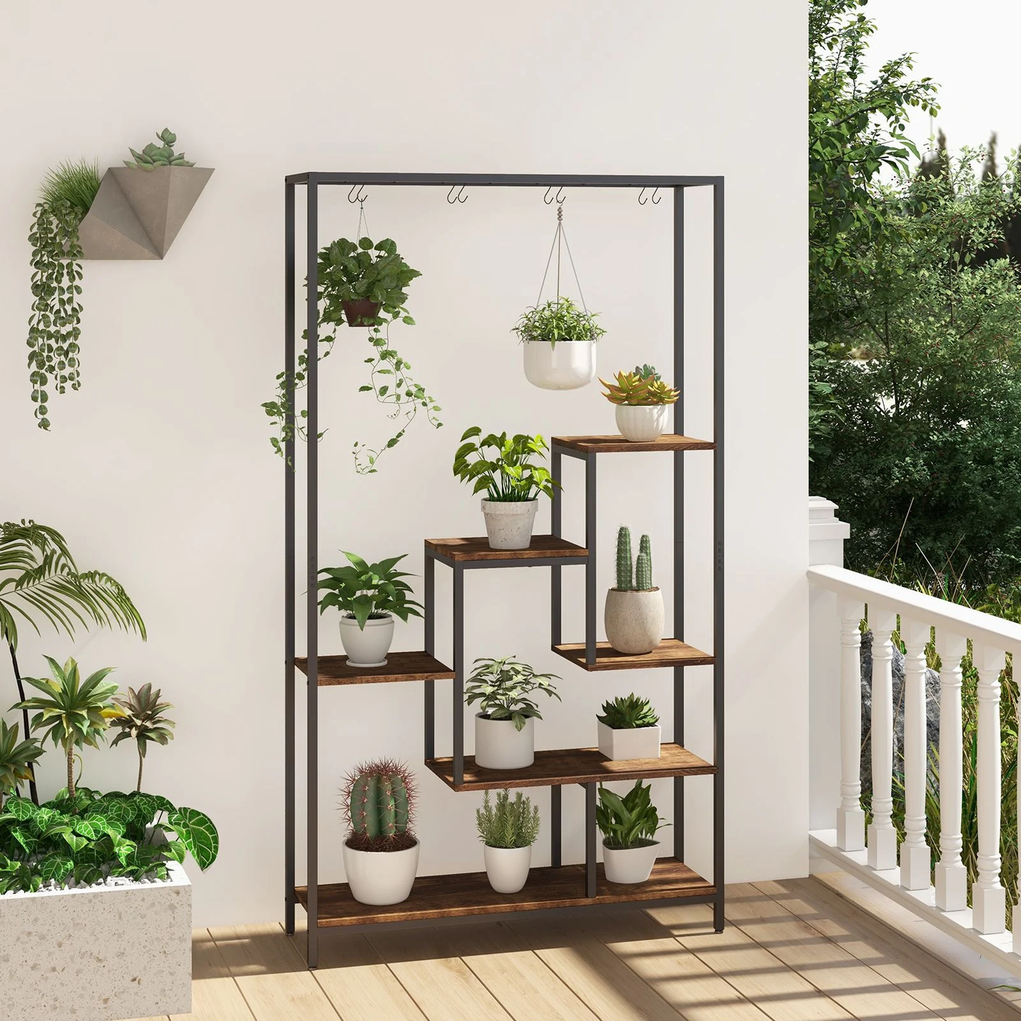 6-Tier Vertical Plant Stand with 10 Hooks and Wire Shelf for Enhanced Plant Display