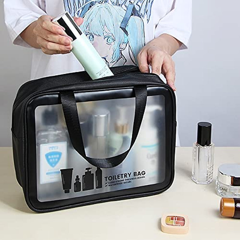 Stylish 3-Piece Waterproof Clear Travel Toiletry Bag Set - Durable PVC Makeup Bags with Zipper for Men and Women (Black)