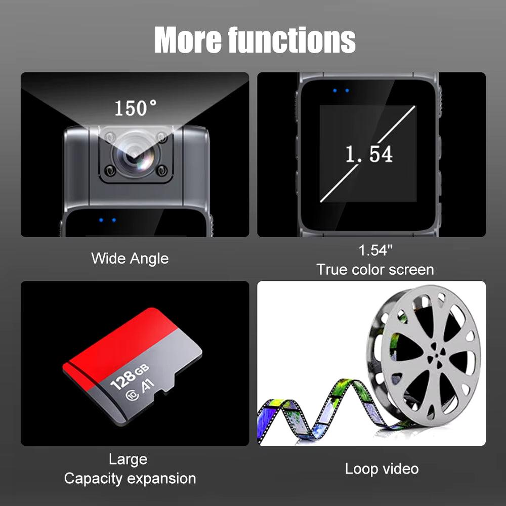 HomesshopUK Mini Body Camera features: 150 degree wide angle lens, 1.54 inch screen, and SD card slot.