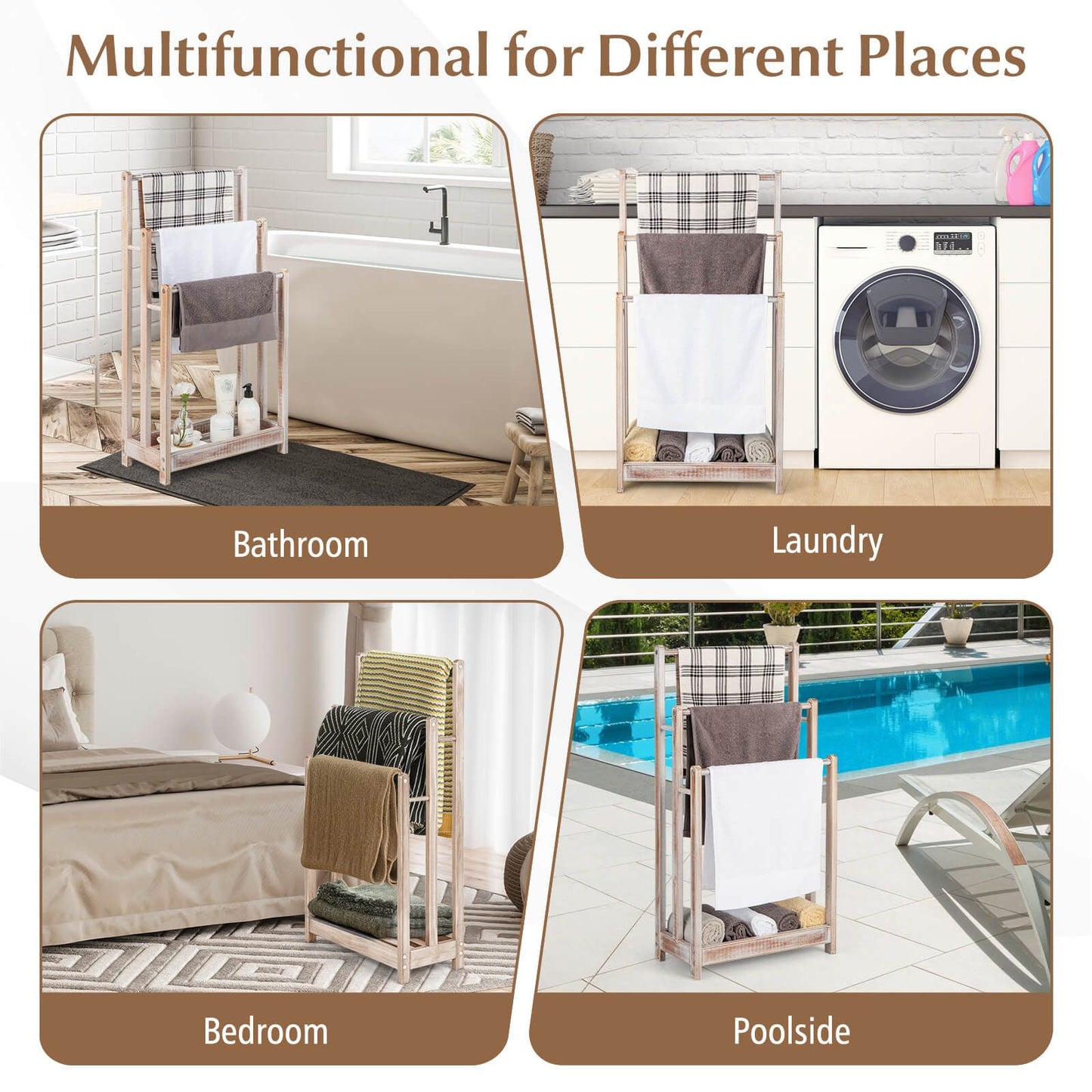 Freestanding Wood Towel Rack with 3 Individual Bars and Bottom Storage Shelf