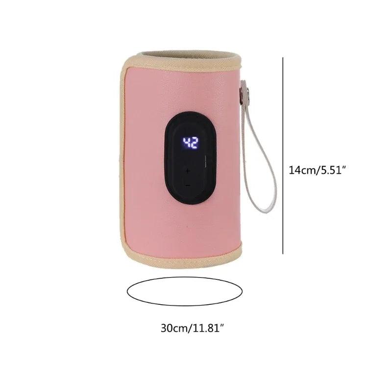 Pink HomesshopUK portable USB bottle warmer with digital temperature display and dimensions.