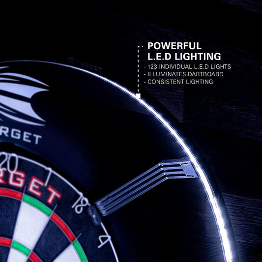 Corona Vision Lighting System for Dartboards with Black Frame and White LED Surround Ring, Compatible with Pro Tour and Championship Dartboards, and Oche Dart Mat
