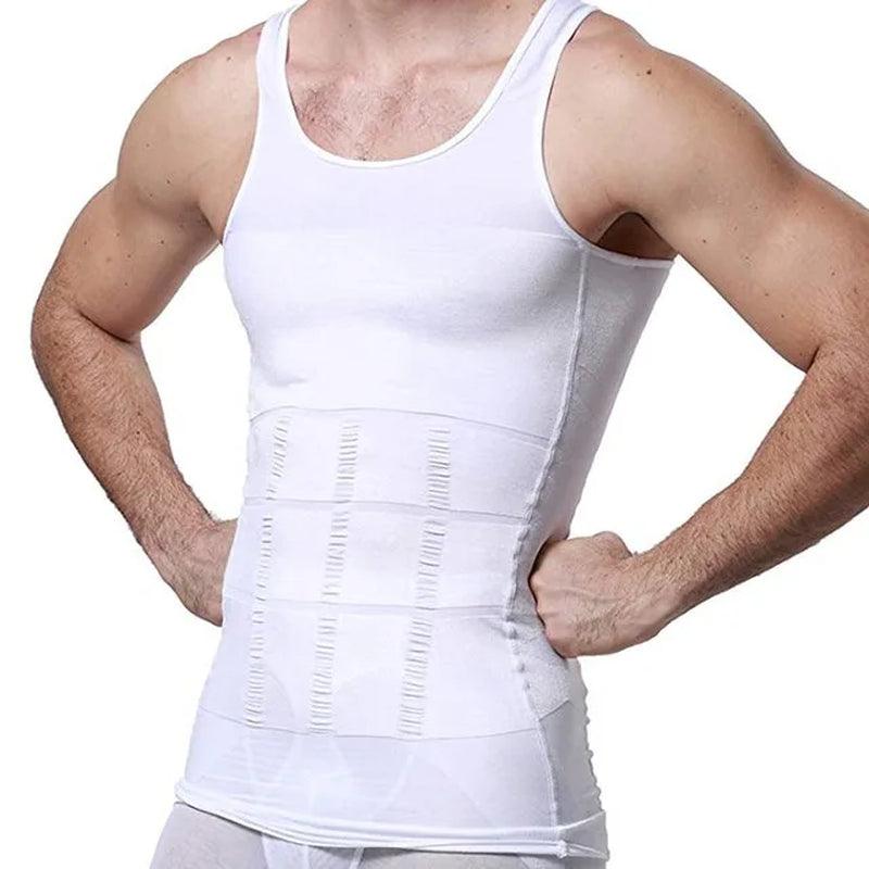 Muscular man wearing a white HomesshopUK slimming compression shirt for men