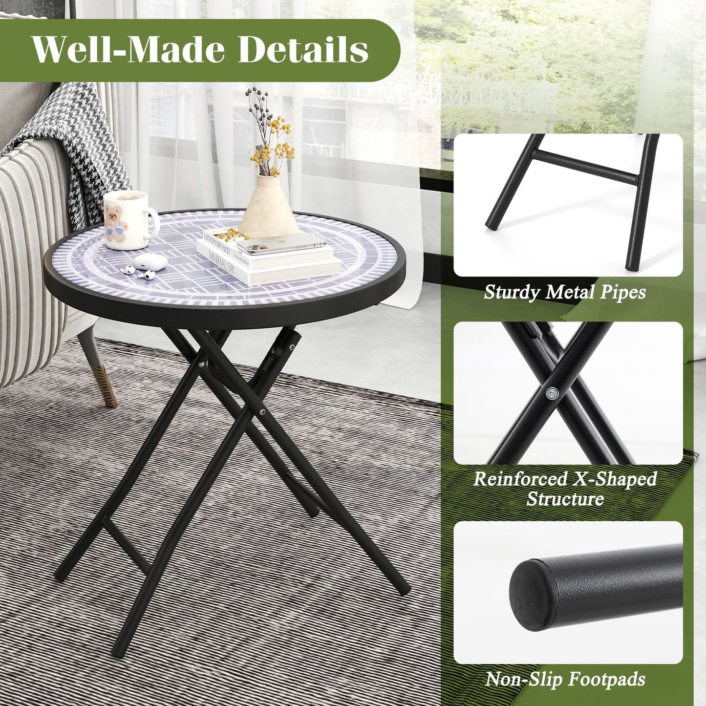 Round Folding Patio Coffee Table with Tempered Glass Top