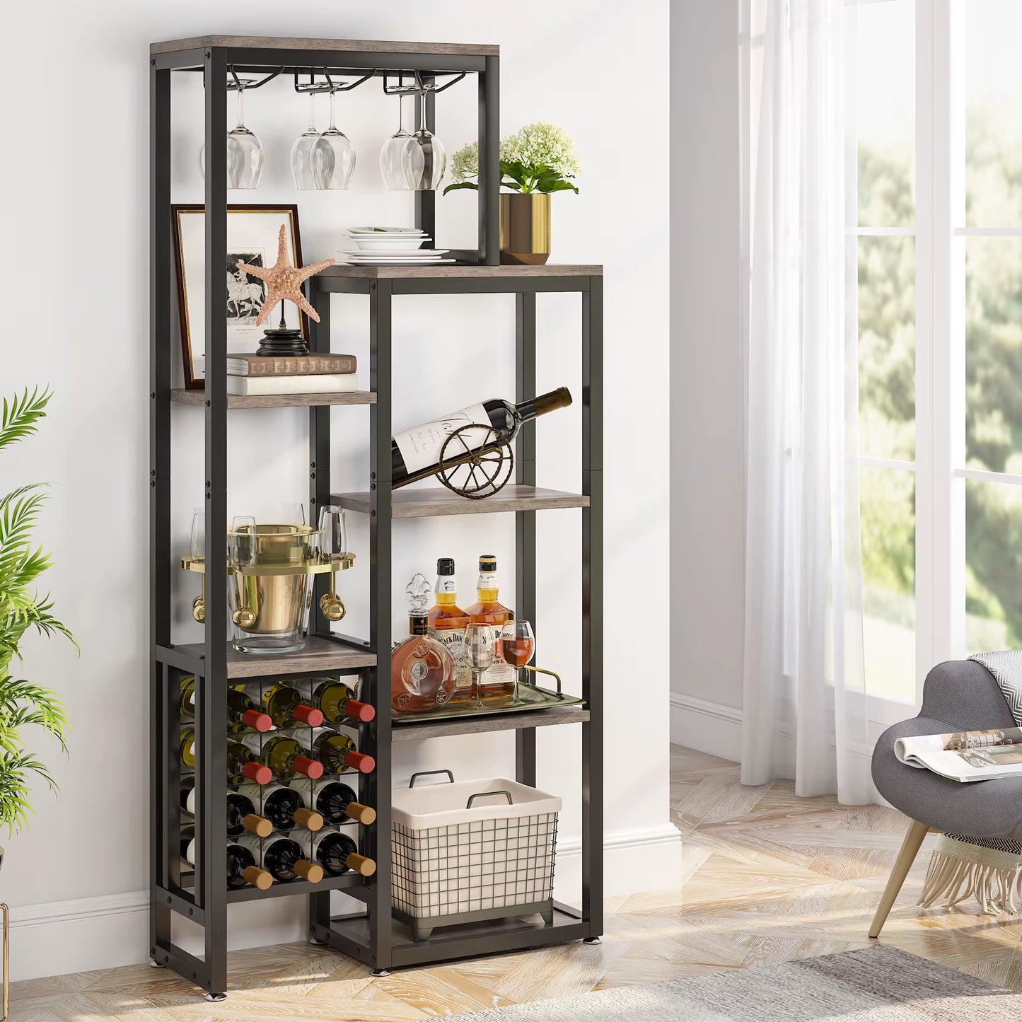 Wine Rack Freestanding Floor, 5-Tier Wine Baker Rack with Glass Holder