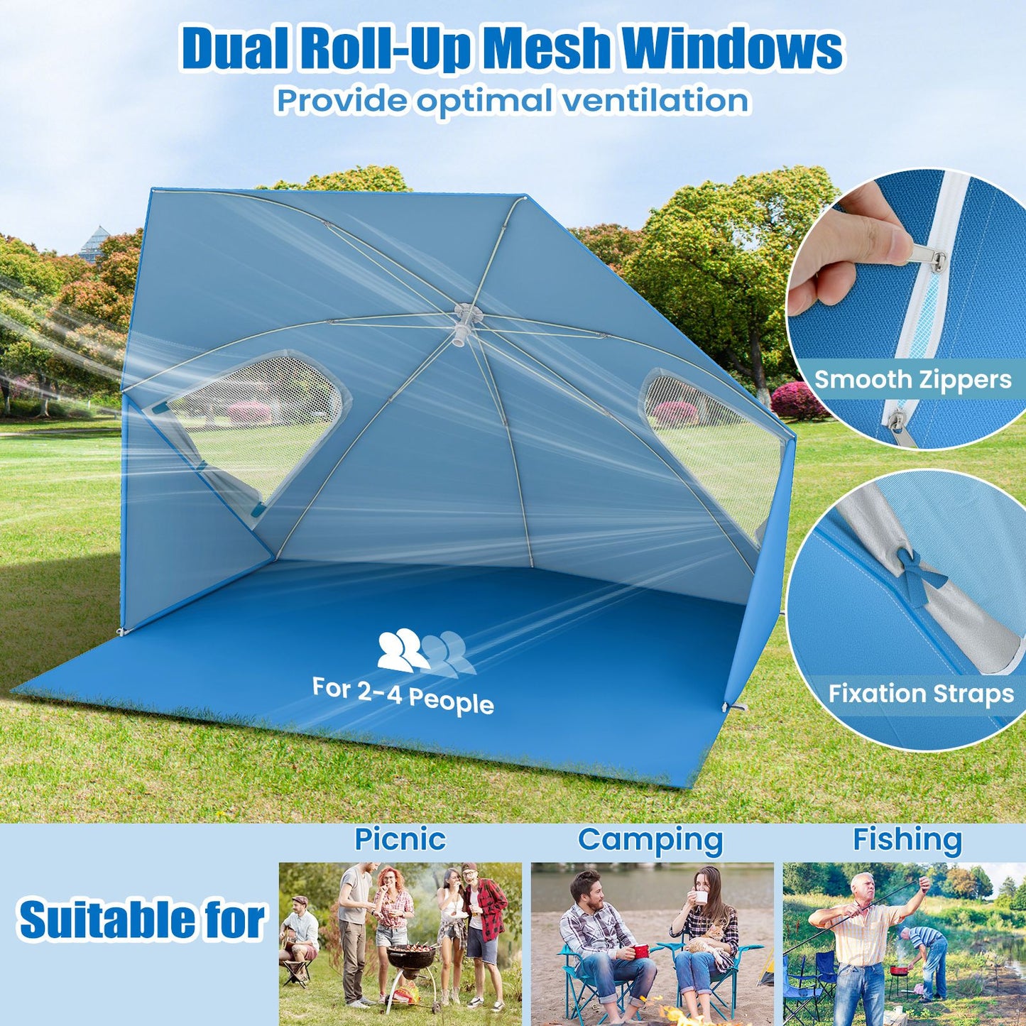Convertible Beach Tent for 2-4 People with Roll-Up Windows