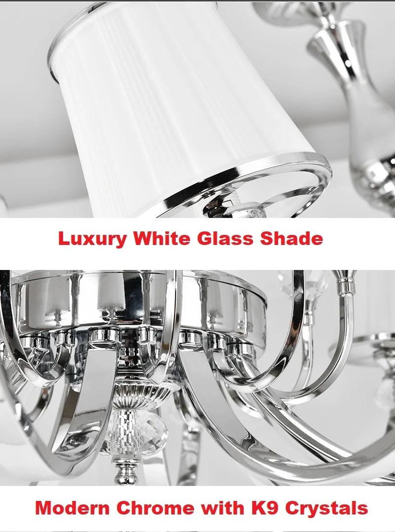 Close-up of a HomesshopUK chandelier with white glass shades, chrome finish, and K9 crystals.