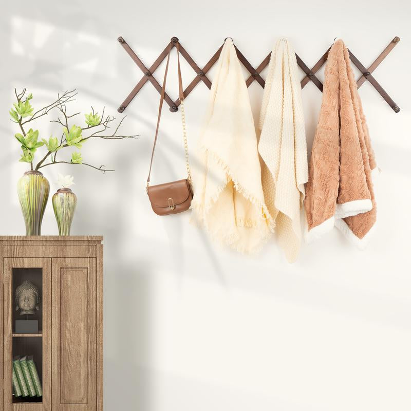 Expandable Accordion Peg Rack with 16 Hooks - Versatile Wooden Organizer for Hats, Coats, Tools & More - Space-Saving Storage Solution for Home, Garage & Entryway (Brown)