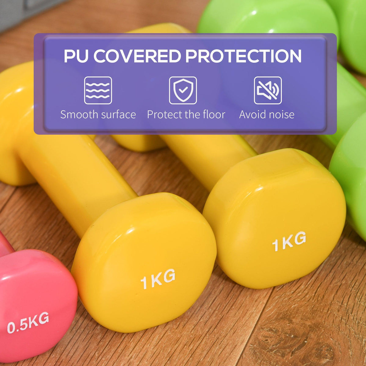 HOMCOM colorful PU coated dumbbells with 1kg and 0.5kg weights on a wooden floor.