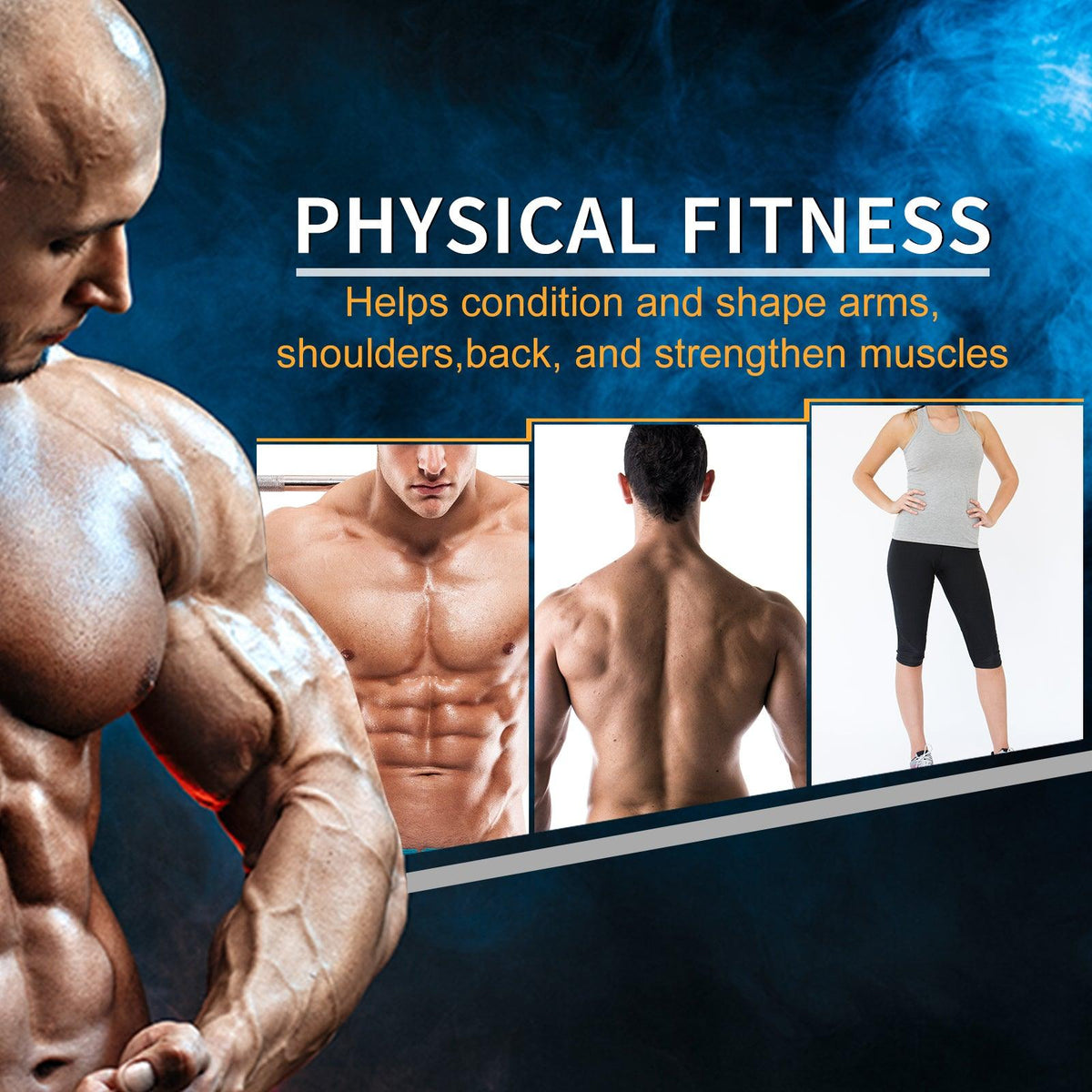 Physical fitness montage showing muscular physique results for arms, chest, back and core.