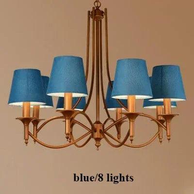 Modern bronze metal LED chandelier with 8 blue fabric drum shades for living room decor