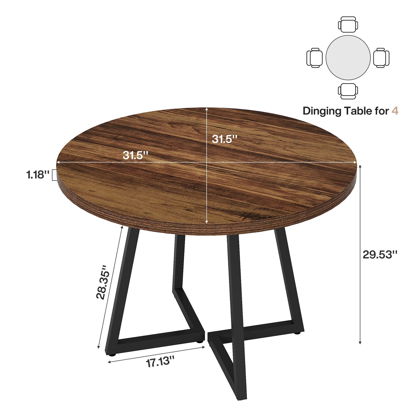 Tribesigns 80 cm Round Dining Table for 2, Industrial Kitchen Table with Metal Base, Small Table for Dining Room, Small Space