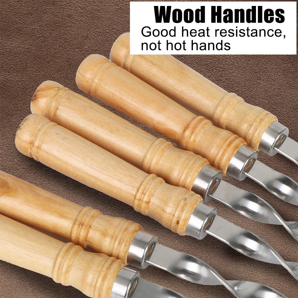 6Pcs Long Handle Shish Kebab Wood BBQ Fork Stainless steel Outdoors Grill Needle Barbecue Grill Stick 55cm 21.65" BBQ Skewers
