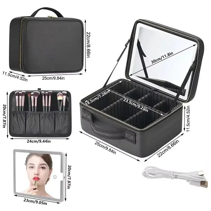 LED Lighted Makeup Bag with Mirror Large Capacity Travel Cosmetic Case Women Beauty Storage Organizer
