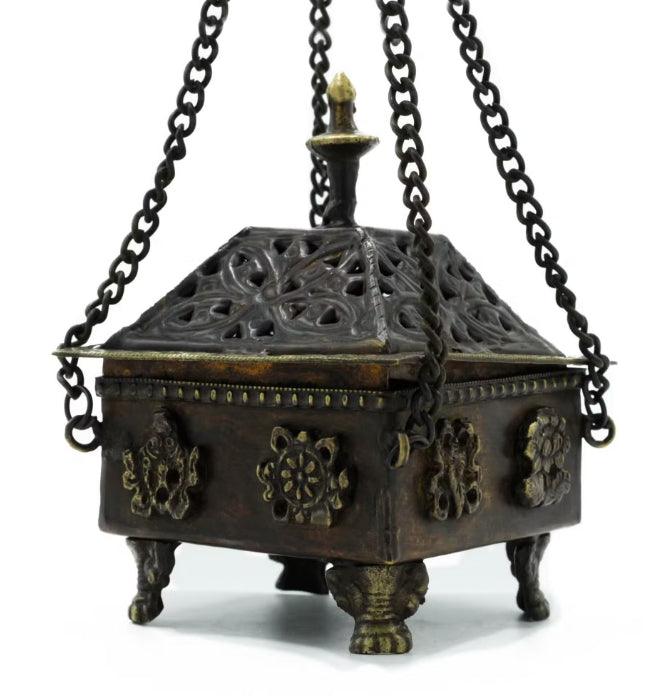 Antique brass Tibetan eight symbols square hanging incense burner by HomesshopUK