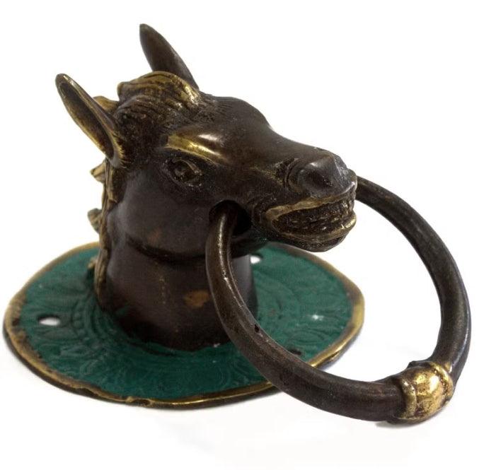 Vintage brass horse head door knocker with a green decorative base by HomesshopUK