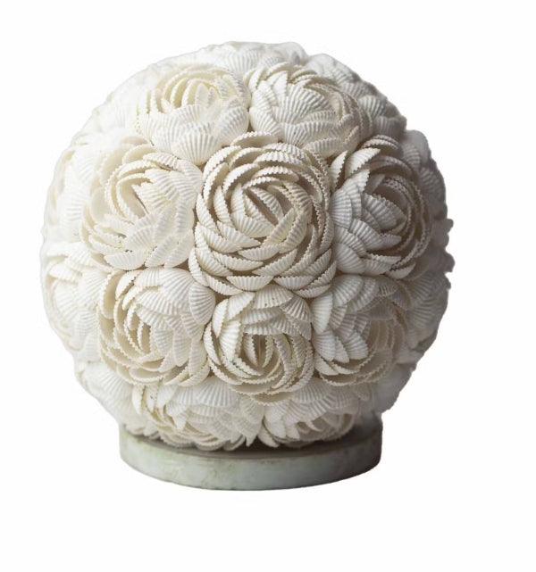 White Boho seashell lamp shade designed as a sphere of rose-shaped shells by HomesshopUK