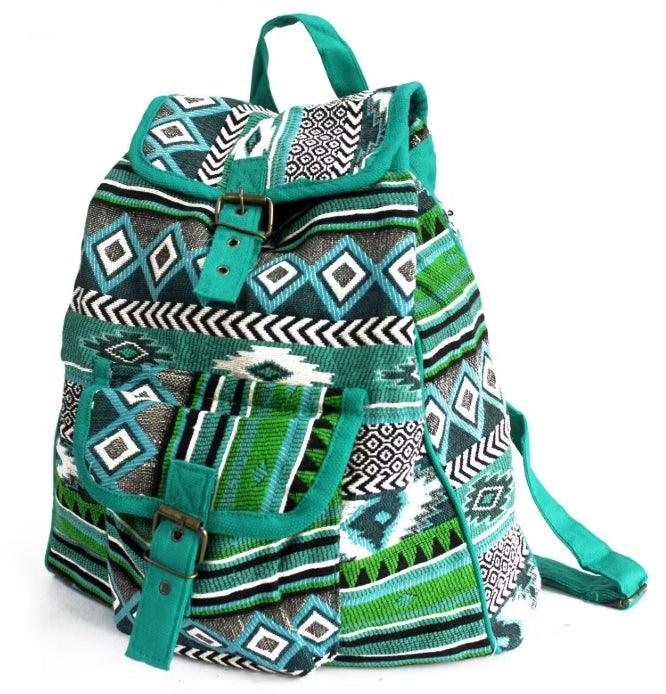Green and white jacquard pattern backpack by HomesshopUK with geometric designs