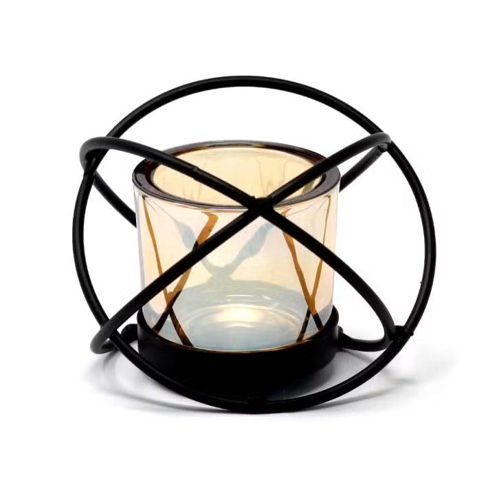 HomesshopUK Centrepiece Iron Tea Candle Holder with a single glass cup in a black metal ball frame