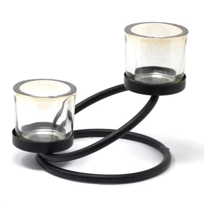 HomesshopUK black iron double step centrepiece votive candle holder with two glass cups