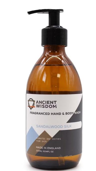 Ancient Wisdom Sandalwood Silk fragranced hand and body wash 300ml bottle.