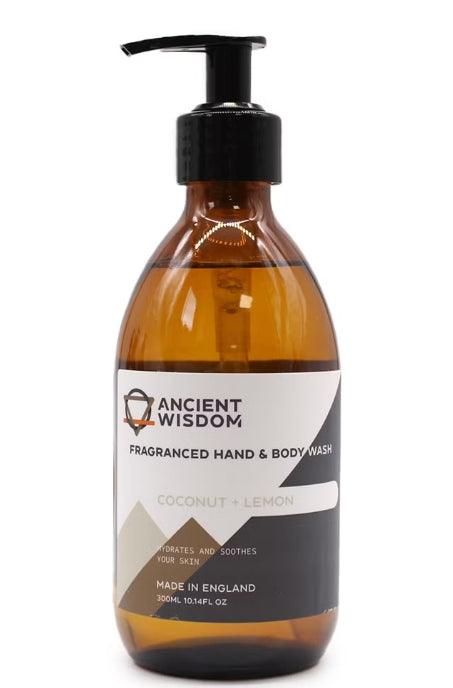 HomesshopUK Ancient Wisdom Coconut and Lemon Hand and Body Wash 300ml amber bottle with pump