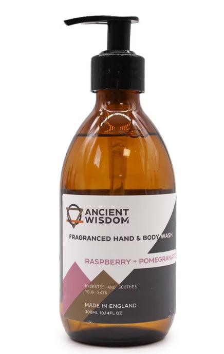 HomesshopUK Raspberry and Pomegranate Hand and Body Wash in a 300ml amber pump bottle