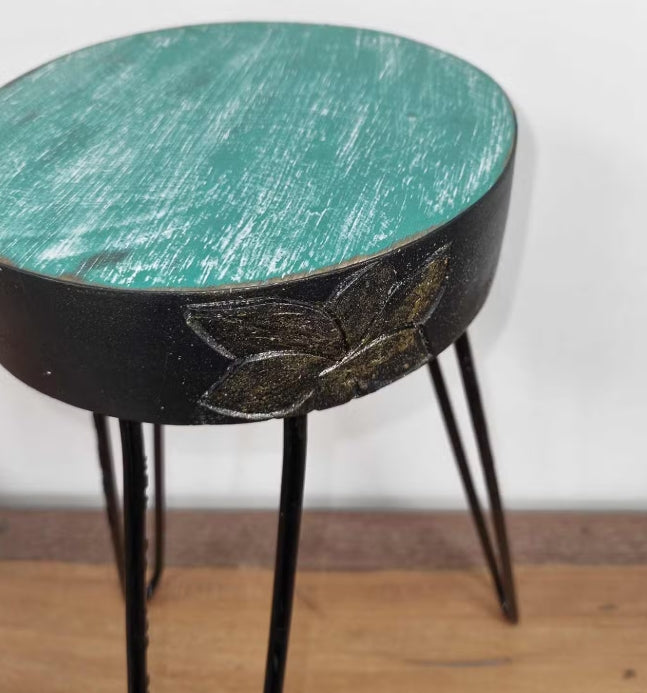 Albasia Wood Plant Stand - Turquoise & gold detail