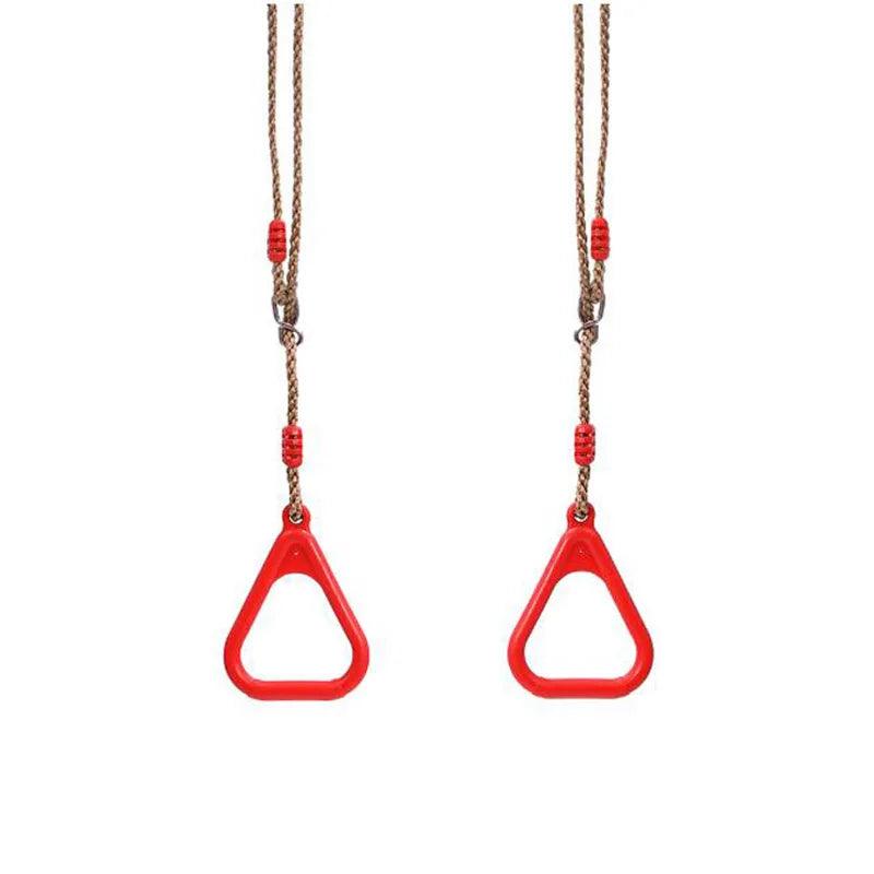 Two red HomesshopUK kids hanging gymnastic rings with durable ropes for indoor and outdoor play