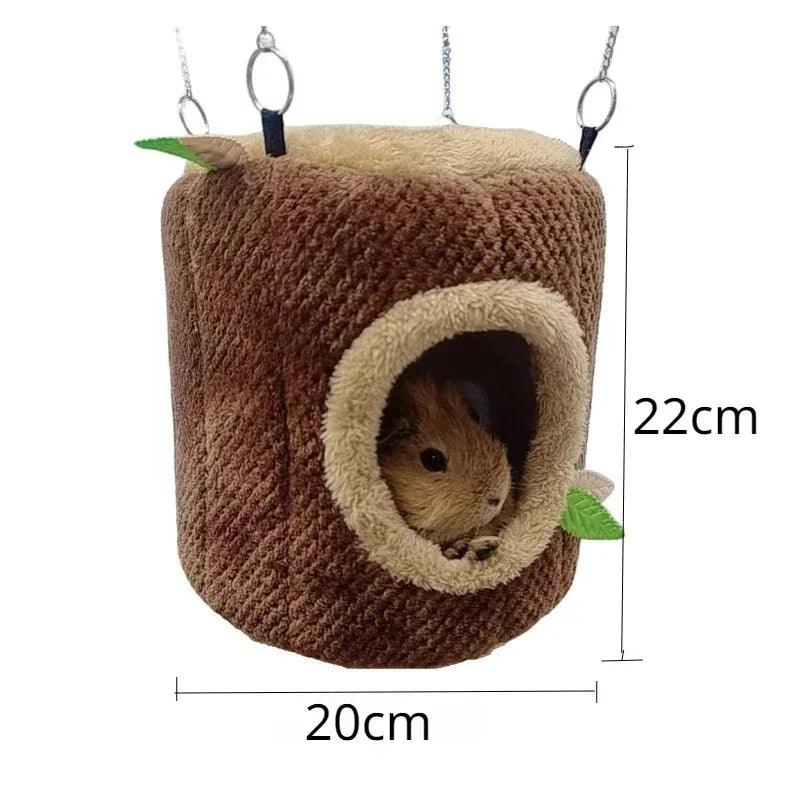 Brown plush tree stump hanging hammock for hamsters with dimensions 20cm x 22cm