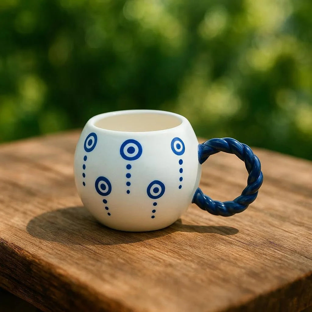 Handmade Ceramic Mugs with Embossed Evil Eye Symbol Set of 2