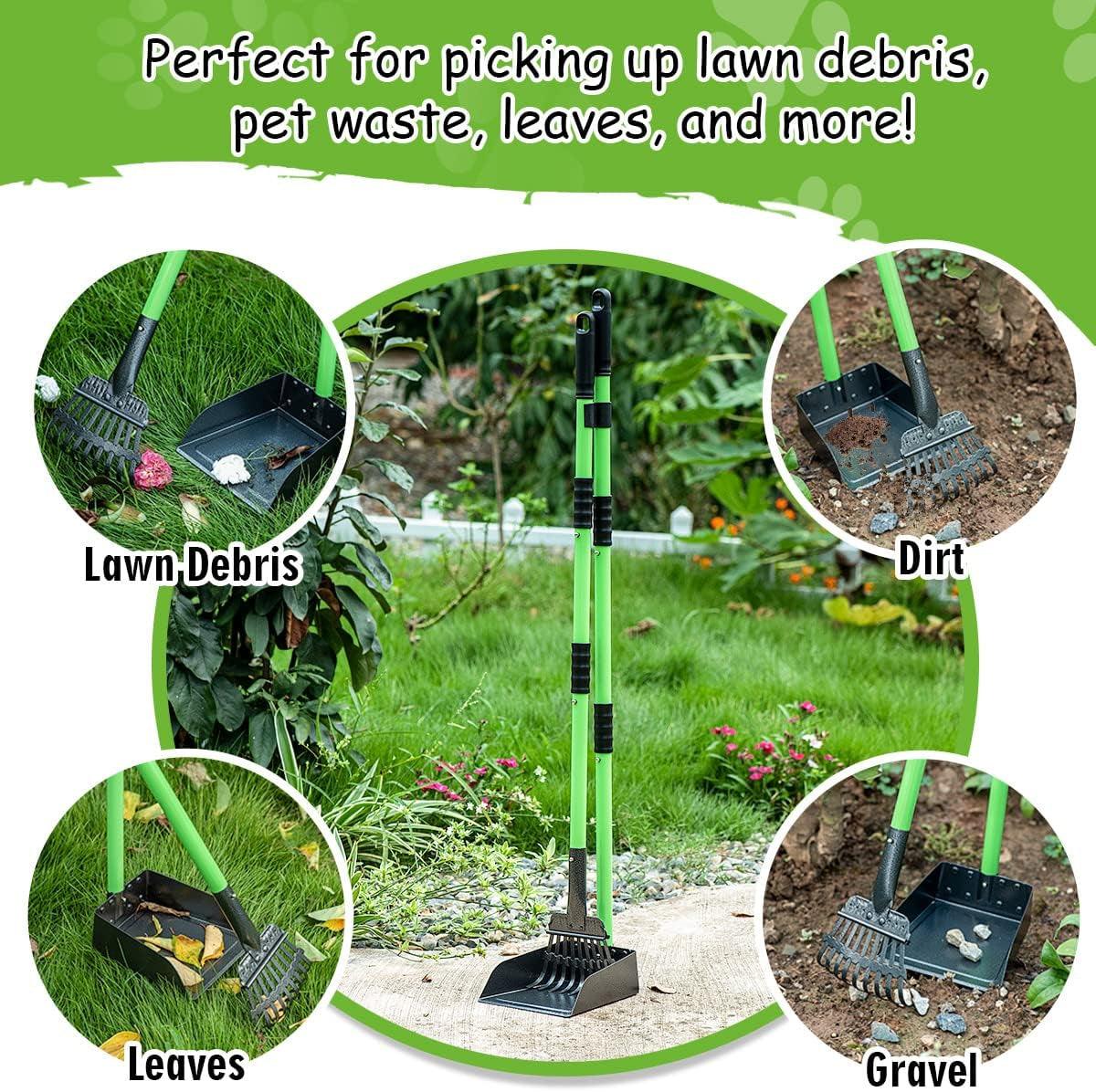 Ultimate Heavy-Duty Dog Pooper Scooper Set - Long Handle Stainless Steel Tray & Rake for Easy Cleanup on Grass, Dirt, or Gravel - Perfect for Medium & Small Dogs (Green)