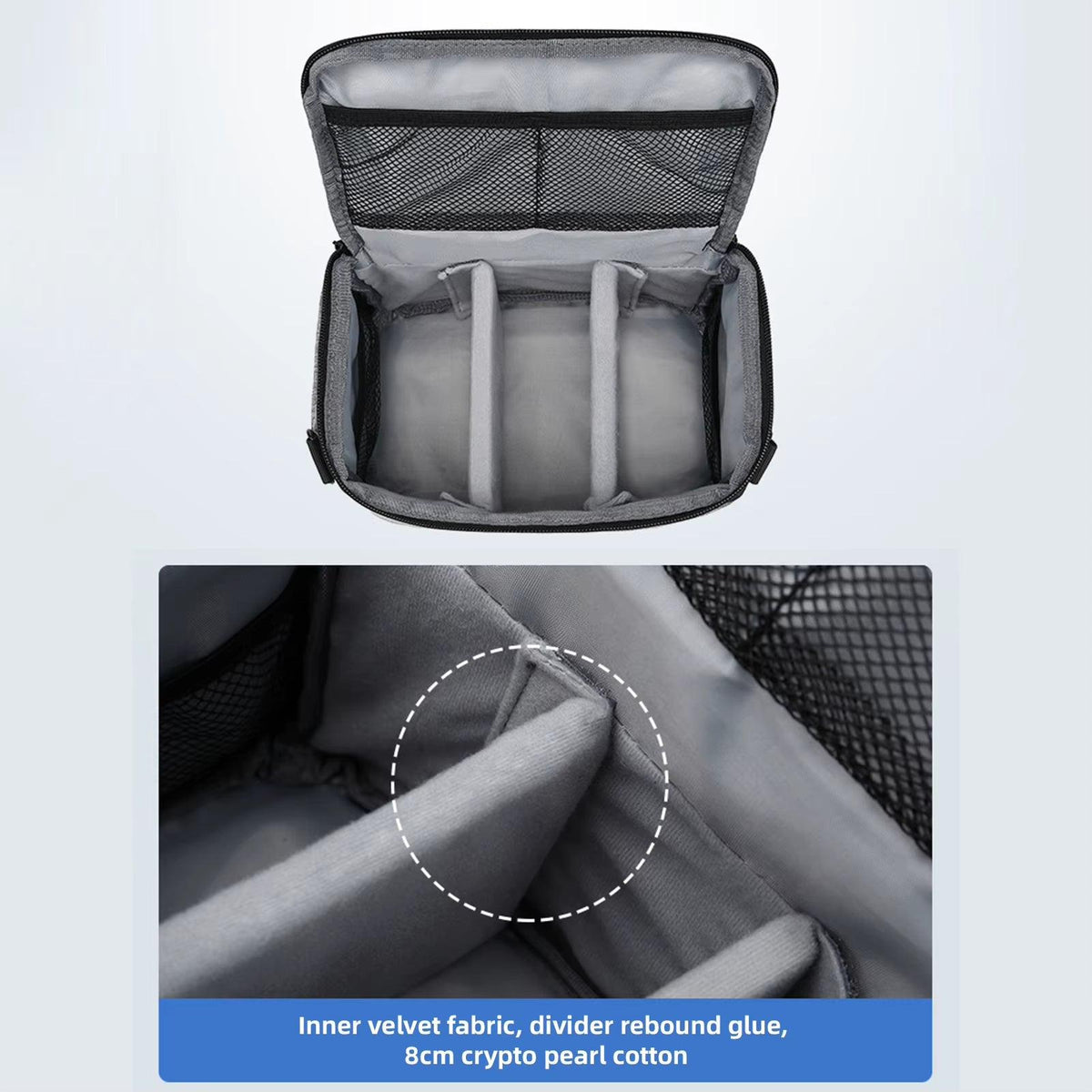 Inner velvet fabric and adjustable dividers of a HomesshopUK DSLR camera shoulder bag