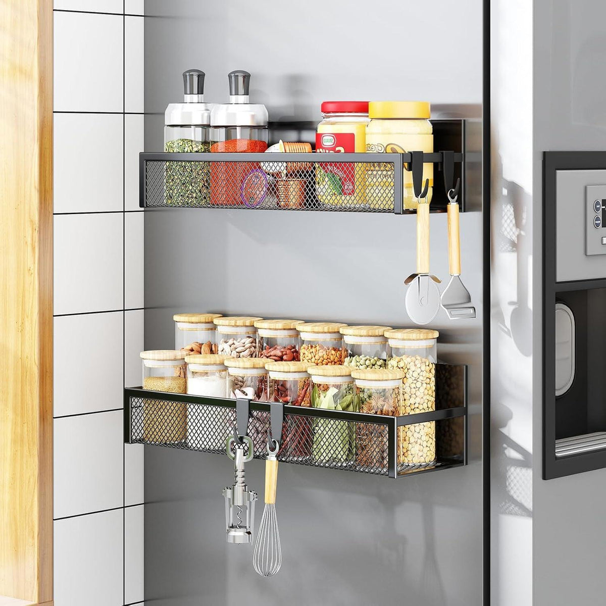 HomesshopUK magnetic spice rack set of 2 attached to a refrigerator with kitchen utensils.