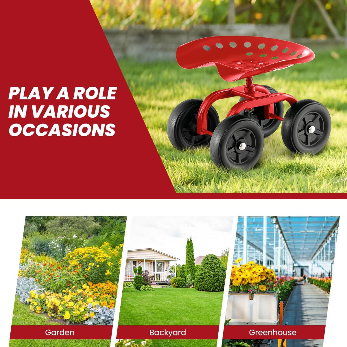 Garden Workseat with 360° Swivel Seat and Adjustable Height