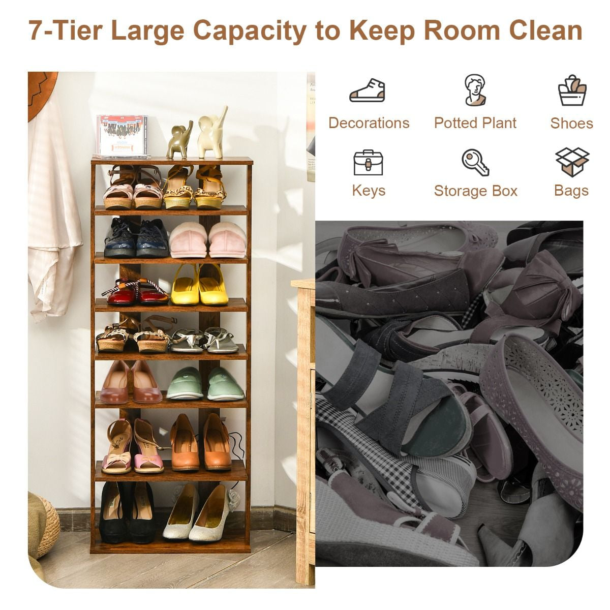 Extra Wide Vertical Wooden Shoe Rack with 7 Shelves