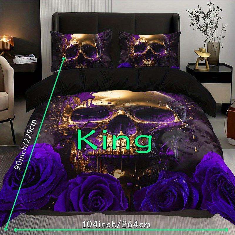 Purple rose and gold skull pattern 3-piece duvet cover set for bedroom decor