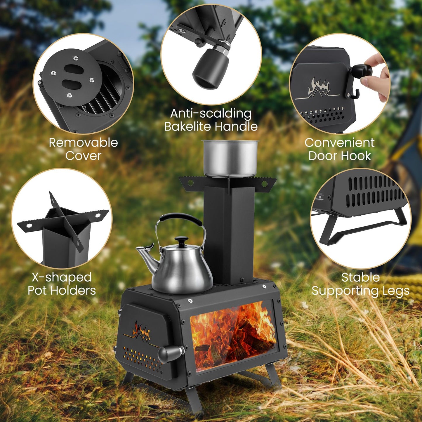 Portable Wood Burning Stove Featuring Dual Cooking Positions