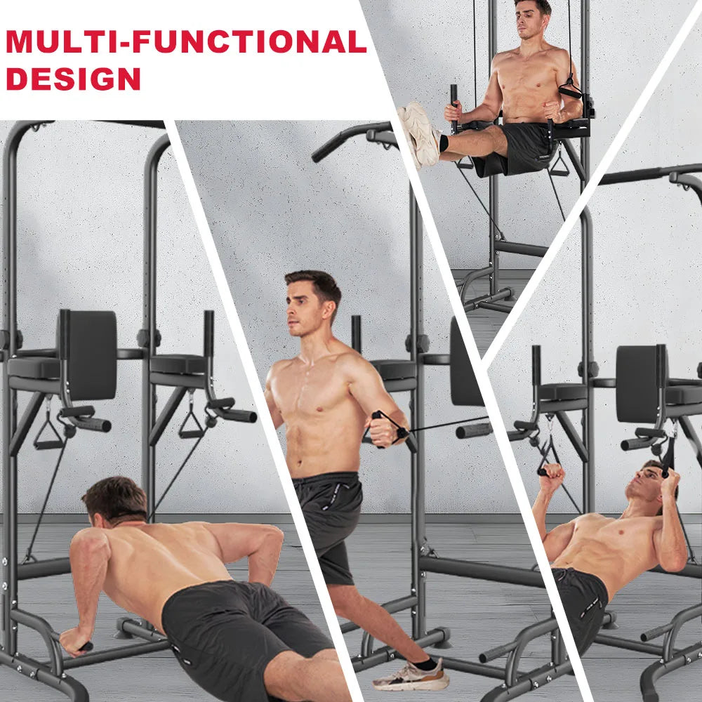 Man using a multi-functional home gym power tower for various strength training exercises.