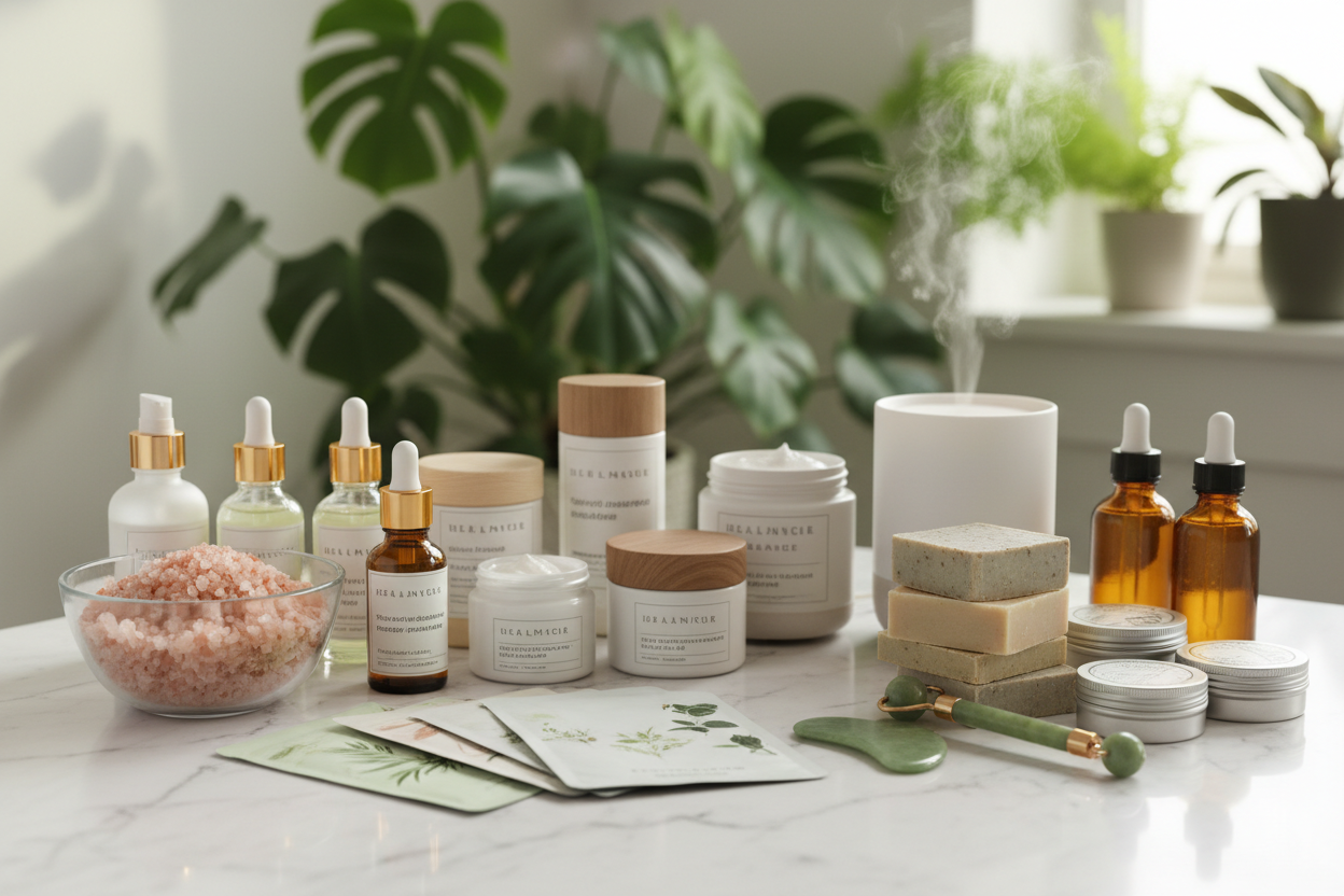 Home health and beauty products on marble table, including creams, oils, diffuser, and bath salts.